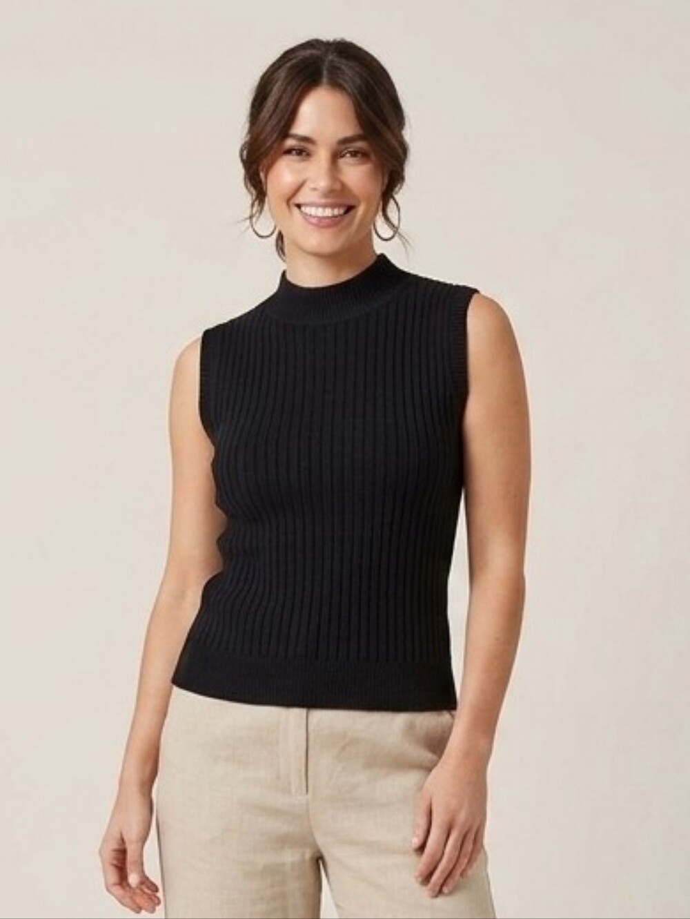 Sleeveless Ribbed Mock Neck Sweater - Black